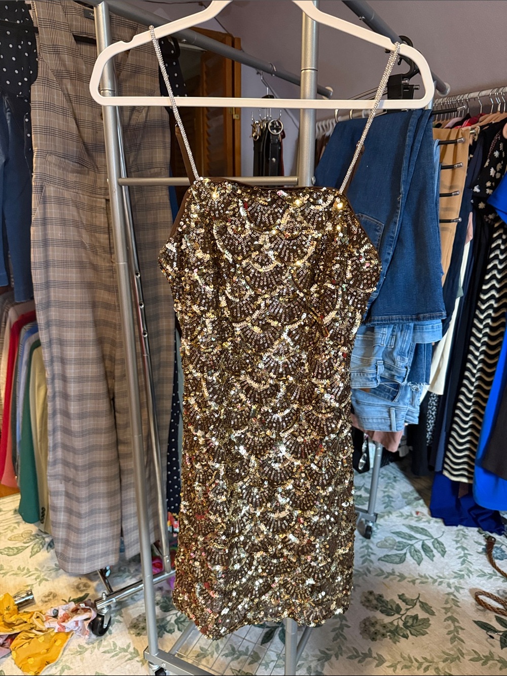 Gold/Brown Sequin Spaghetti-Strap Mini Dress